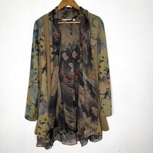 Soft Surroundings Sweater Cardigan Tea Gardens Medium Bird Floral Open Lagenlook